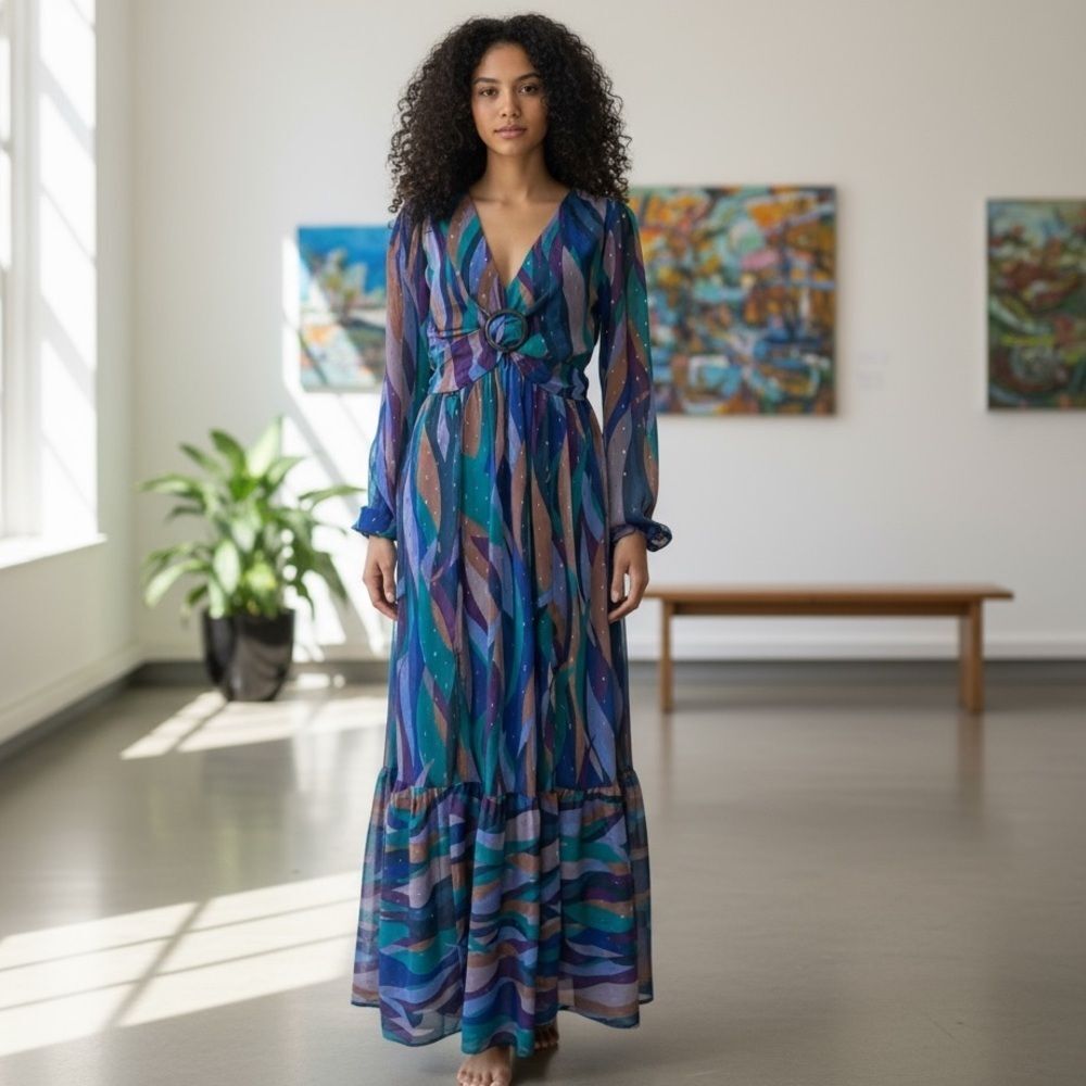🟡 Beautiful Jewel Tone Deep Plunge Jewel Tone Maxi Gown